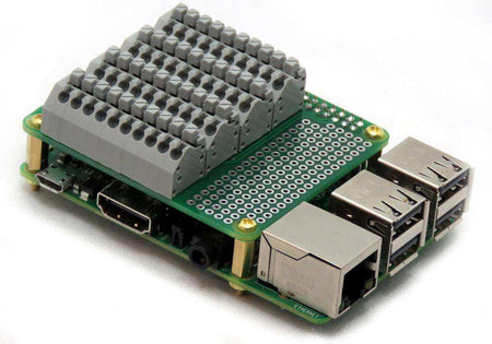Breakout Card Type2 green circuit board with gray spring-loaded terminal blocks and a perforated prototype area