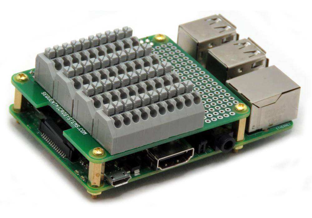 Breakout Card Type2 Raspberry Pi board with green PCB, gray spring-loaded terminal blocks, and GPIO prototype area