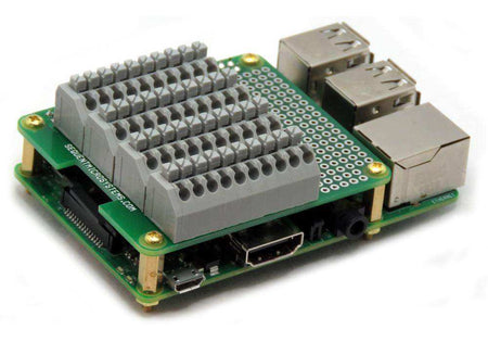 Breakout Card Type2 Raspberry Pi board with green PCB, gray spring-loaded terminal blocks, and GPIO prototype area