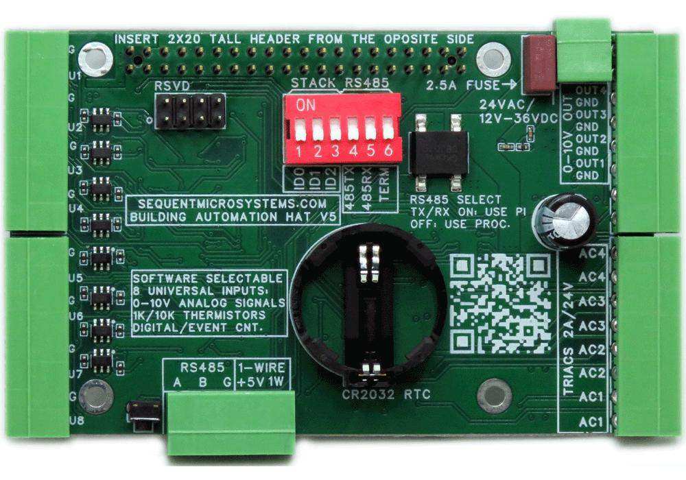 Building Automation HAT circuit board in green with screw terminals, red DIP switch, battery holder, and labeled I/O ports