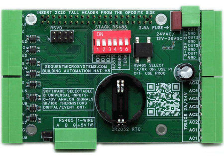 Building Automation HAT circuit board in green with screw terminals, red DIP switch, battery holder, and labeled I/O ports