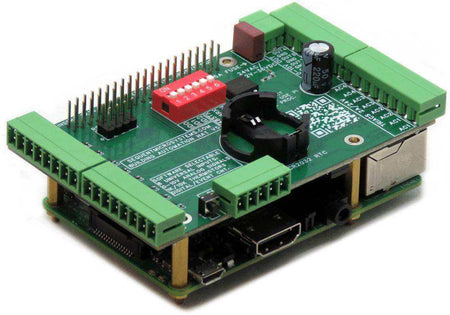 Building Automation HAT with green circuit board, pluggable terminal blocks, red DIP switch and Raspberry Pi stackable design