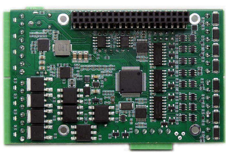 Building Automation Raspberry Pi HAT, green circuit board with black chips, GPIO header, and pluggable connectors