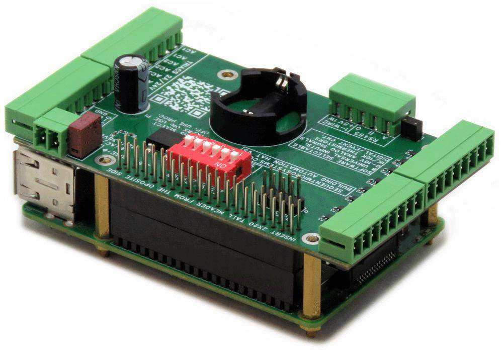 Building Automation Raspberry Pi HAT with a green circuit board, pluggable terminal blocks, and stacked GPIO header