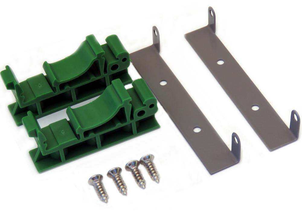 DIN-RAIL Kit with green plastic rail brackets, two flat steel mounting plates, and four silver screws