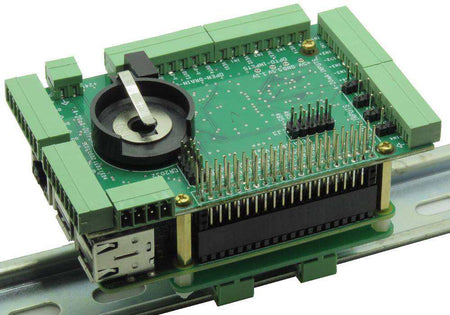 DIN-RAIL Kit with a green circuit board, black battery holder, and metal standoffs mounted parallel on a rail