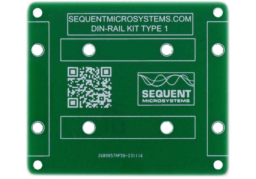 DIN-RAIL Kit adapter plate in green PCB material, with white printed labels, QR code and multiple mounting holes