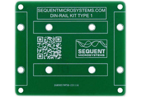 DIN-RAIL Kit adapter plate in green PCB material, with white printed labels, QR code and multiple mounting holes