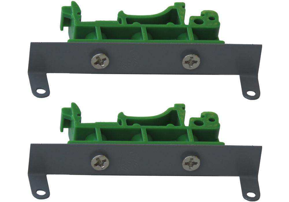 DIN-RAIL Kit with two dark steel mounting plates and green plastic DIN-rail brackets, secured with screws