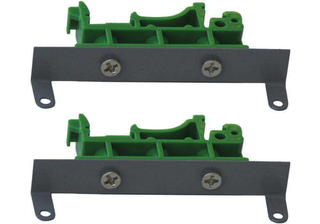 DIN-RAIL Kit with two dark steel mounting plates and green plastic DIN-rail brackets, secured with screws