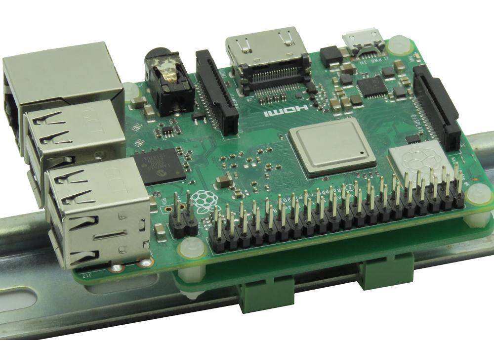 DIN-RAIL Kit showing a green Raspberry Pi board mounted parallel on a silver metal rail with green brackets