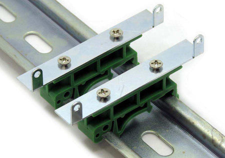 DIN-RAIL Kit with silver steel mounting plates and dark green plastic brackets secured by screws