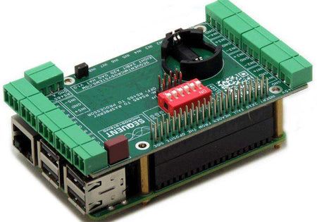 Eight 24-Bit Analog Inputs DAQ HAT with a green circuit board, green terminal blocks, red DIP switch and black coin-cell holder