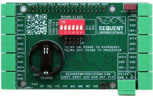 Eight 24-Bit Analog Inputs DAQ HAT, a green circuit board with terminal blocks, red DIP switch, and battery