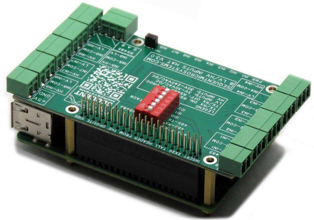 Eight HV Digital Inputs HAT with a green circuit board, green terminal blocks, red DIP switch and stacked Raspberry Pi