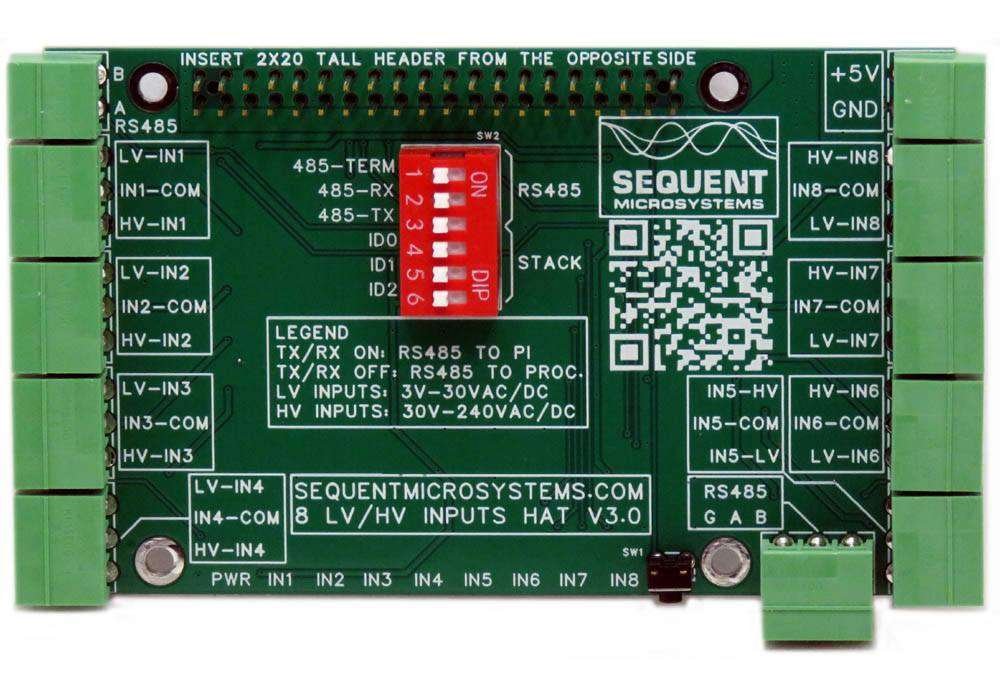 Eight HV Digital Inputs HAT, a green rectangular circuit board with terminal blocks, DIP switches and labeled inputs