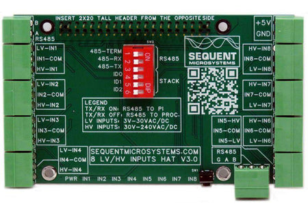Eight HV Digital Inputs HAT, a green rectangular circuit board with terminal blocks, DIP switches and labeled inputs