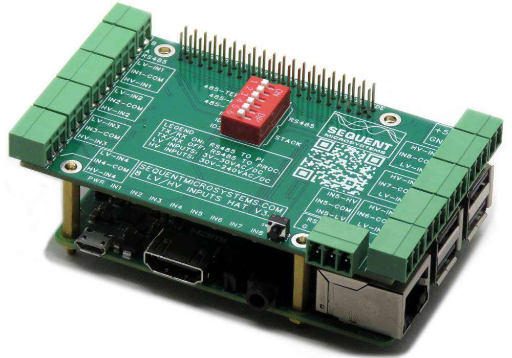 Eight HV Digital Inputs HAT with a green circuit board, pluggable terminal blocks, pin headers and red DIP switches