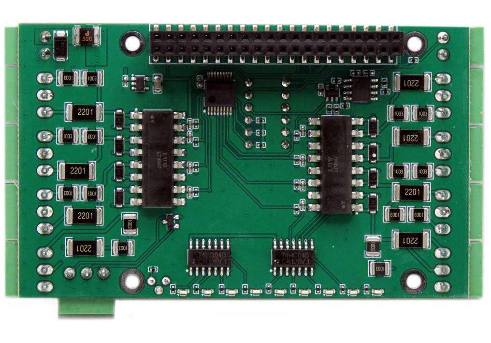 Eight HV Digital Inputs HAT is a green circuit board with black components, a GPIO header, and input terminals