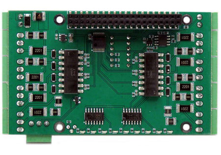 Eight HV Digital Inputs HAT is a green circuit board with black components, a GPIO header, and input terminals