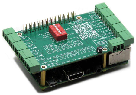 Eight HV Digital Inputs Raspberry Pi HAT with green circuit board, terminal blocks, red DIP switch and stacked connectors