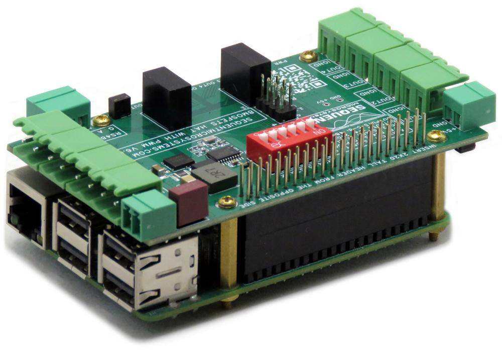 Eight MOSFETS Raspberry Pi HAT with a green circuit board, green terminal blocks, and red DIP switches