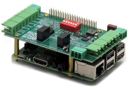 Eight MOSFETS Raspberry Pi HAT with a green circuit board, green terminal blocks, black components and pin headers