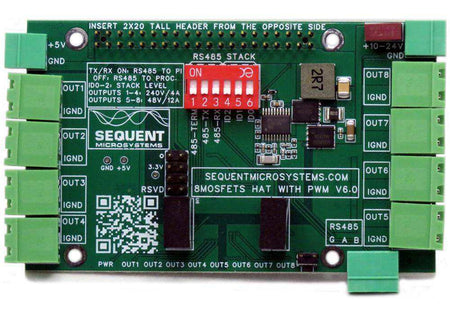 Eight MOSFETS Raspberry Pi HAT circuit board with a green PCB, terminal blocks, red DIP switch and stacked headers