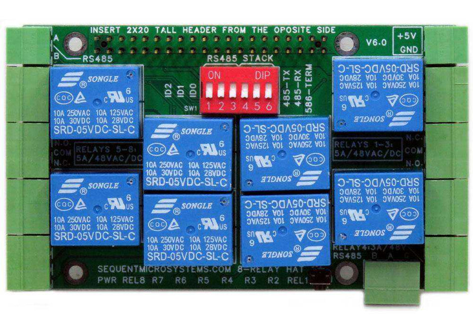 Eight Relays relay HAT with a green circuit board, eight blue relays, pluggable green terminals and red DIP switch