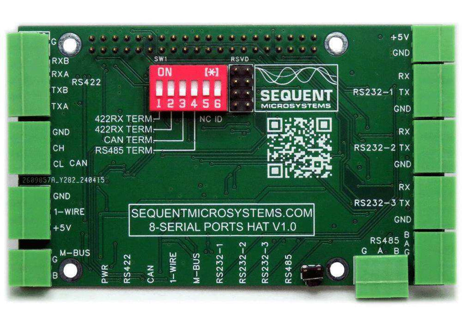 Eight Serial Ports HAT, a green circuit board with terminal blocks, labeled serial ports, DIP switches, and Raspberry Pi connector