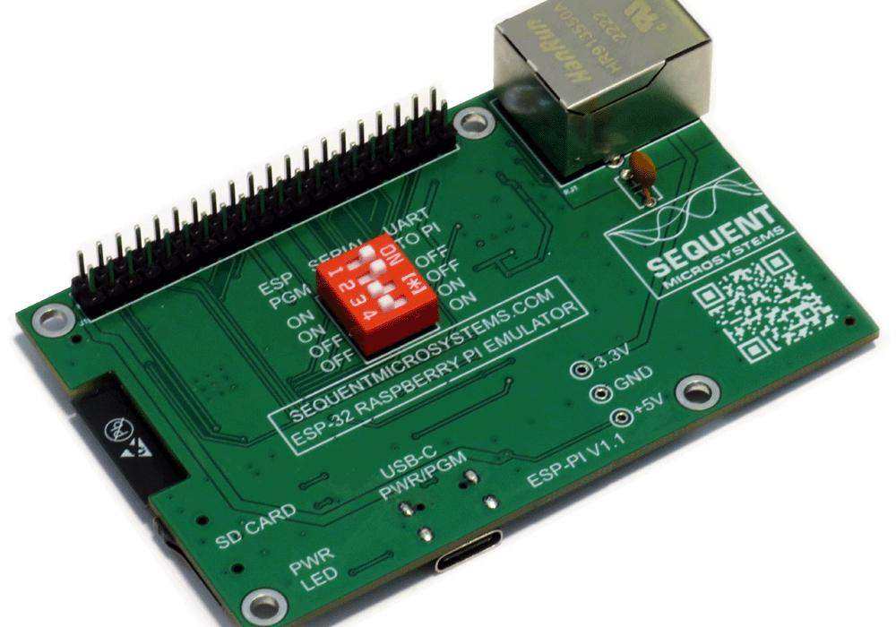 ESP32 development board with a green PCB, black GPIO pin header, red DIP switches, Ethernet jack and USB-C port