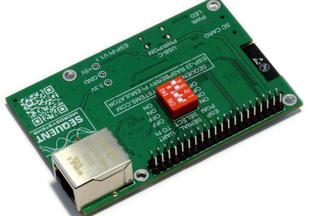 ESP32 development board with a green PCB, red DIP switch, metal Ethernet jack and dual-row GPIO header