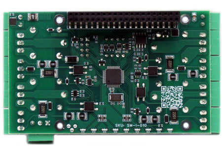 Four Relays Raspberry Pi HAT circuit board with a green PCB, black GPIO connector, and compact electronic components