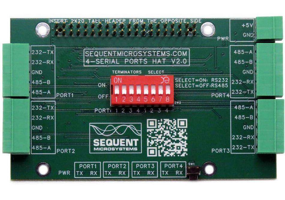 Four Serial Ports HAT with dark green circuit board, red eight-position DIP switch, and four green terminal blocks