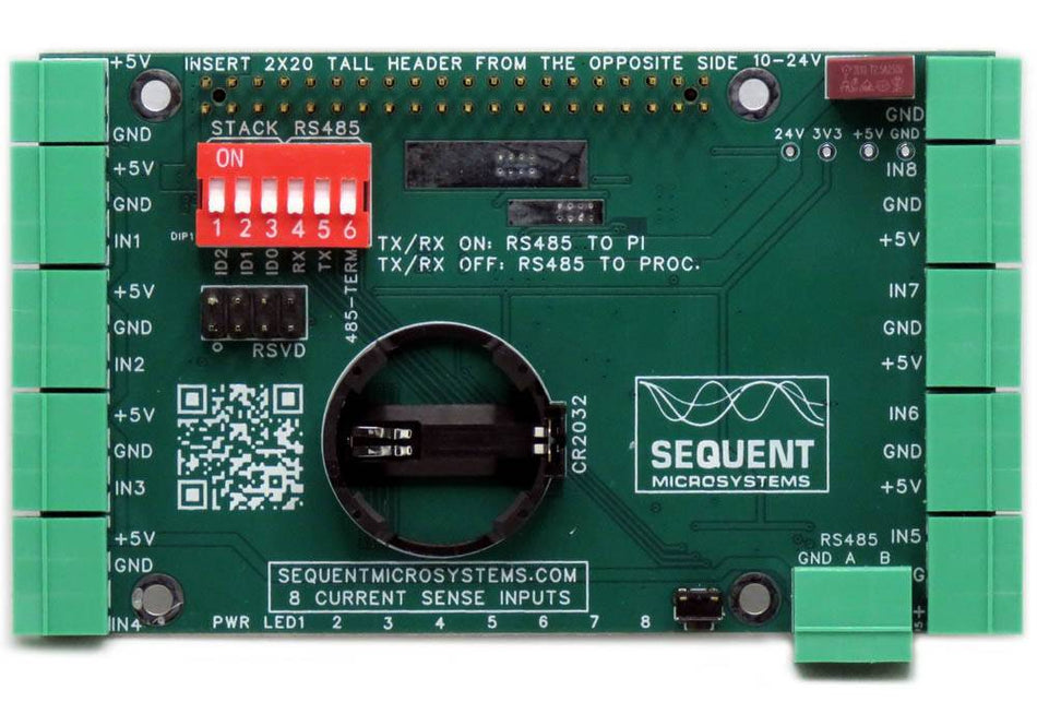 HALL Current Sensor circuit board in dark green with pluggable terminals, red DIP switches, a coin-cell holder, and eight inputs