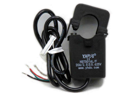 HALL Effect Current Sensor with black split-core housing, coiled cable and exposed red, green, and black wires