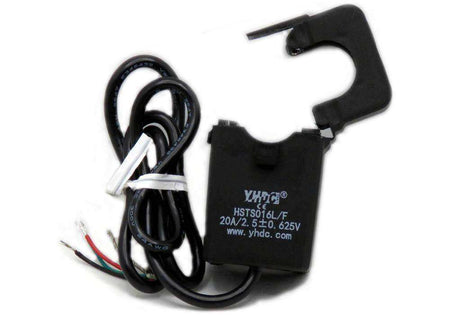 HALL Effect Current Sensor with a black split-core clamp, coiled cable, and red, green, and black wire leads