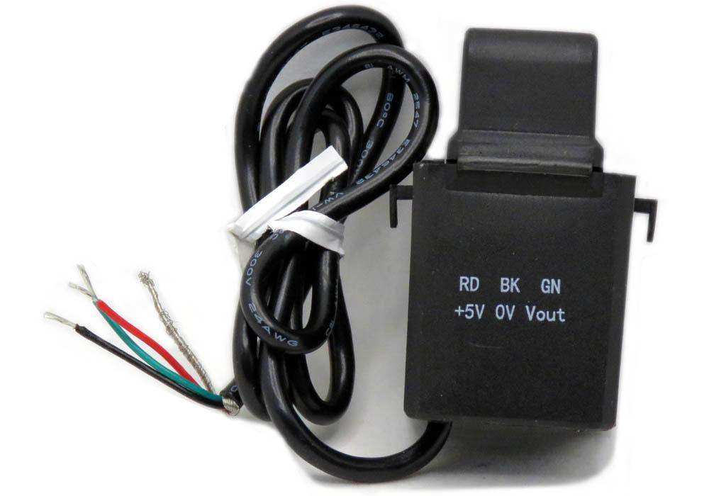 HALL Effect Current Sensor with a black split-core housing, coiled cable, and exposed red, green, and black wires