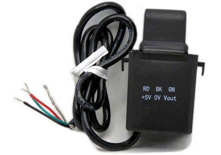 HALL Effect Current Sensor with a black split-core housing, coiled cable, and exposed red, green, and black wires
