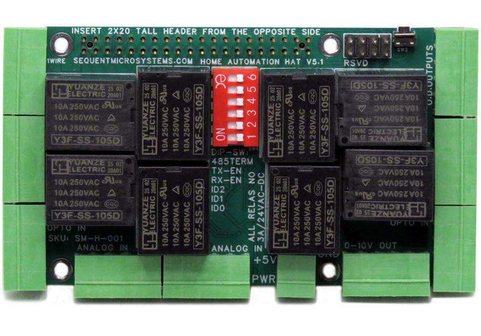 Home Automation HAT with a green circuit board, black relays, red DIP switch and green screw terminal connectors