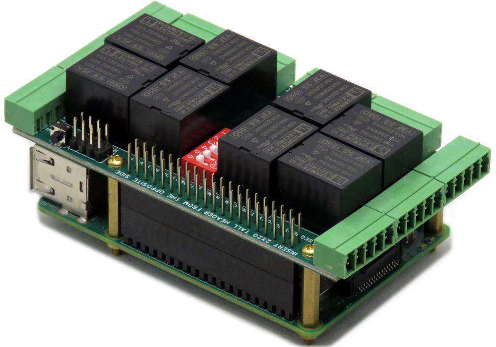 Home Automation HAT with a green circuit board, black relays, and green pluggable screw-terminal connectors