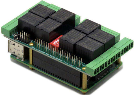 Home Automation HAT with a green circuit board, black relays, and green pluggable screw-terminal connectors