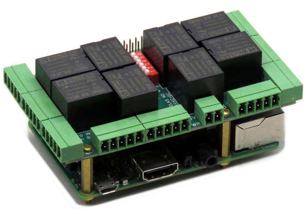 Home Automation Raspberry Pi HAT with green circuit boards, black relays, and pluggable terminal connectors