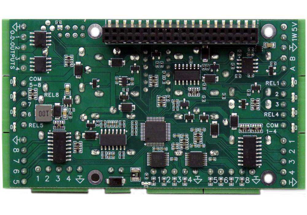 Home Automation Raspberry Pi HAT, green circuit board with a black GPIO header, chips, LEDs and terminal connectors