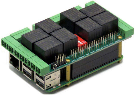 Home Automation Raspberry Pi HAT with a green circuit board, black relay blocks, and green screw terminals