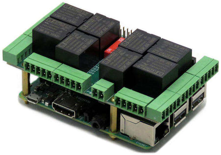 Home Automation Raspberry Pi HAT with green circuit board, black relays, and green pluggable screw terminals