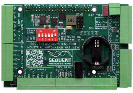 Industrial Automation HAT circuit board in green with pluggable screw terminals, DIP switches, and a coin-cell holder