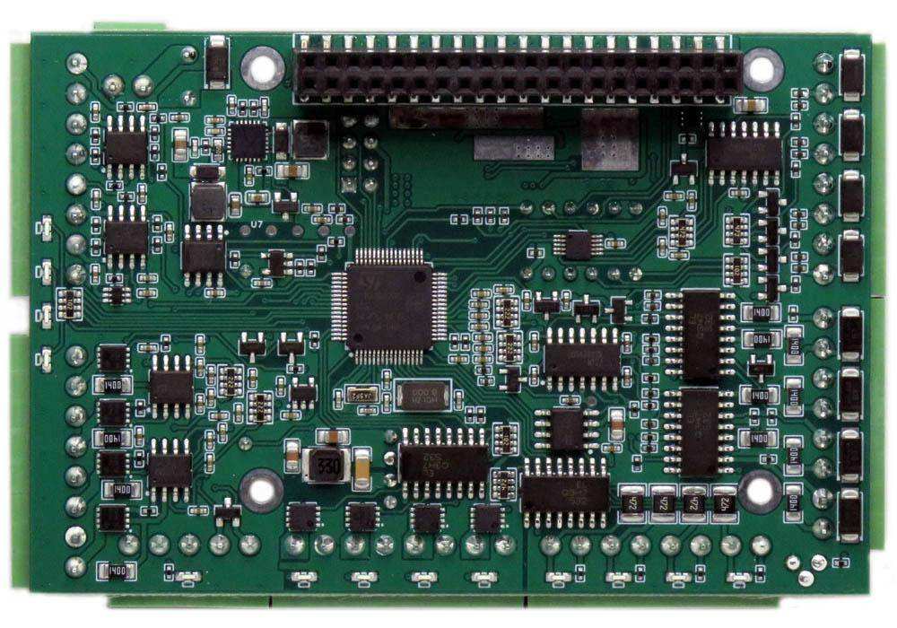 Industrial Automation HAT circuit board with a green PCB, black chips, GPIO header, and rows of screw terminals.