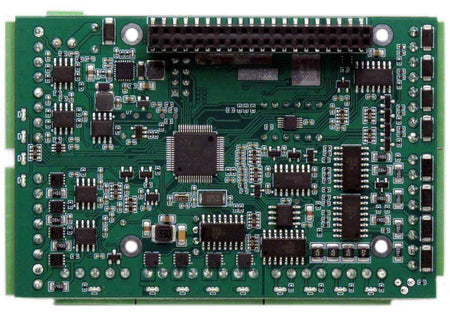 Industrial Automation HAT circuit board with a green PCB, black chips, GPIO header, and rows of screw terminals.