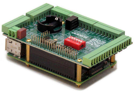 Industrial Automation HAT with green screw terminals, a red DIP switch, black components and stacked Raspberry Pi connector pins